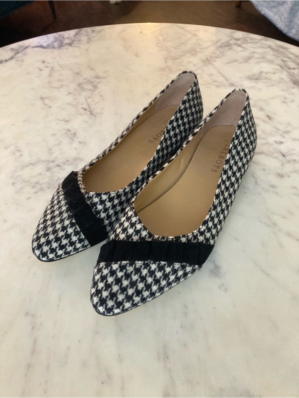 Talbots Black & White Houndstooth Pointed Flats with Black Trim